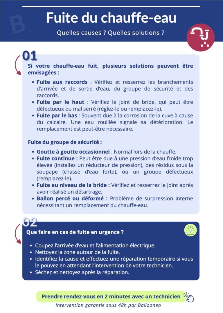 Image réalisée par Ballooneo qui résume les problèmes et solutions en cas de chauffe-eau qui fuit